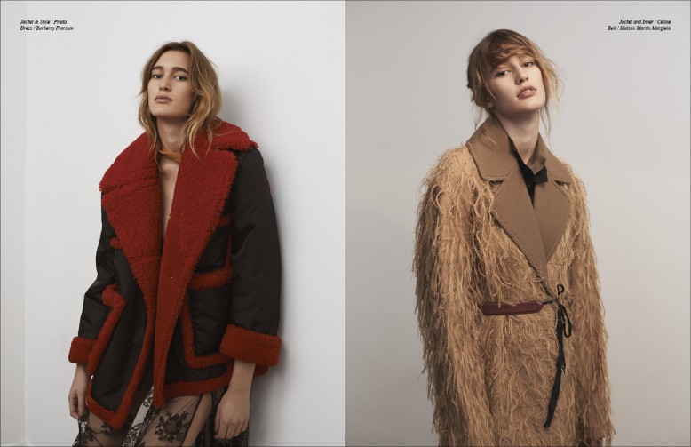 Left to Right/ Jacket & Stole / Prada  Dress / Burberry Prorsum Opposite Jacket and Inner / Céline Belt / Maison Martin Margiela 