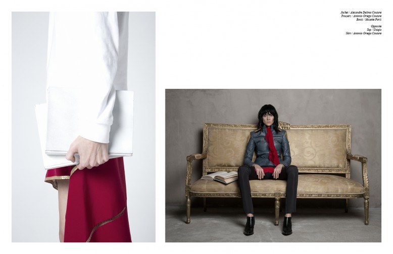Jacket / Alexandre Delima Couture Trousers / Antonio Ortega Couture Boots / Musette Paris Opposite Top / Uniqlo Skirt / Antonio Ortega Couture