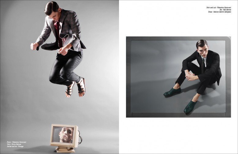 Shirt / Evisu Deluxe Jacket and tie / Vintage Trousers / Valentino Garavani Opposite Shirt and suit / Valentino Garavani Tie / Neil Barret Shoes / Maison Martin Margiela