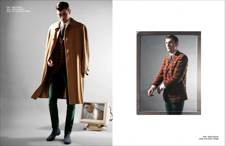 Jacket, coat, shirt and tie / Vintage Trousers / Maison Kitsunè Shoes / Alberto Guardiani Opposite Jacket, shirt and tie / Vintage Trousers / Maison Kitsunè 