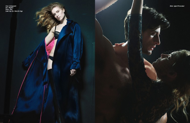 Left Coat / Schiaparelli Bra / Wolford Panty / Eres Latex Stay Up / Mise En Cage Right Robe / Avent Provocateur