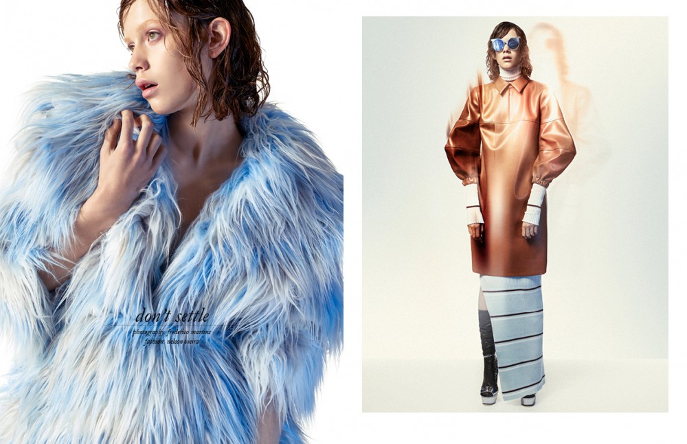 Coat / Alexandra Moura Opposite Dress (under) / KLAR Dress / Carlos Gil Socks / Stylist’s own Shoes / Gucci Glasses / VAVA