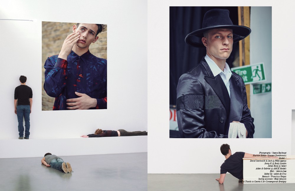 ‘Self Portrait’ / Egon Schiele James wears Shirt / AMI Alexandre Mattiussi Opposite ‘Portrait of a Man Holding Gloves’ / Rembrandt David wears Coat / Dries Van Noten Shirt / Yohji Yamamoto Hat / Benoît Foucher Gloves / Agnelle