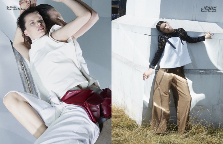 Left ￼￼Top / Yirantian Gold  Trousers / Jamie Wei Huang Right Gold top / Sorapol  Top / Jamie Wei Huang  Trousers / Issey Miyake