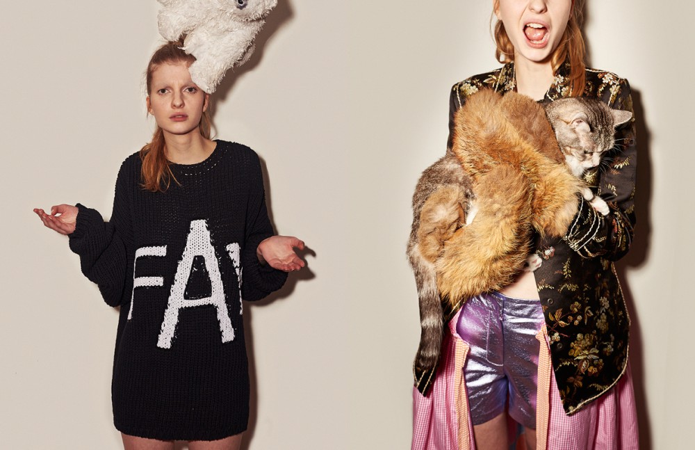 Sweater / Fay  Opposite Shirt / Prada Dress / Pascal Millet Short / Alexander Lewis Gloves / AGFE Phoebe the Cat