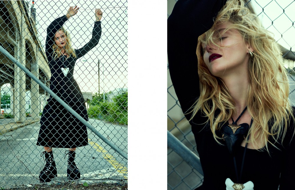Dress / Tom Ford Boots & socks / Alexander Wang  Necklaces / Mary Ellen Gallagher  Earring / We Who Prey