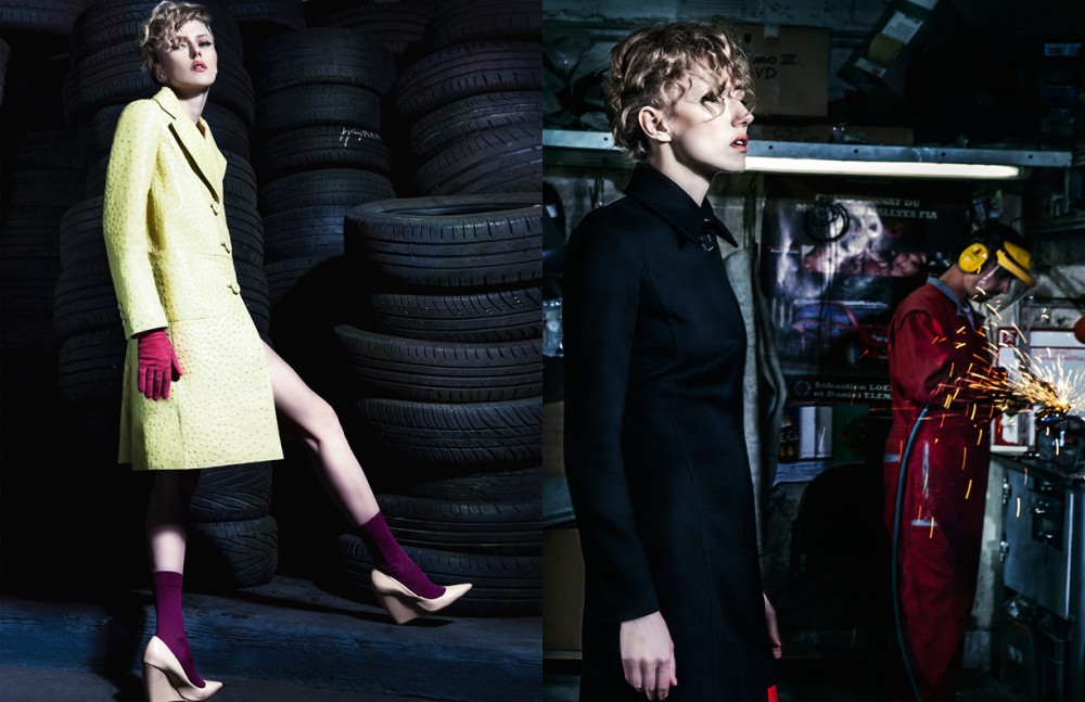 Coat / Prada   Gloves / Agnelle Shoes / Nicolas Kirkwood Socks / Falke Opposite Coat & boots / Versace