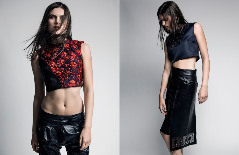 Floral top & leather pants / Genoveva Christoff Opposite Silk top & laser-cut leather skirt / Genoveva Christoff